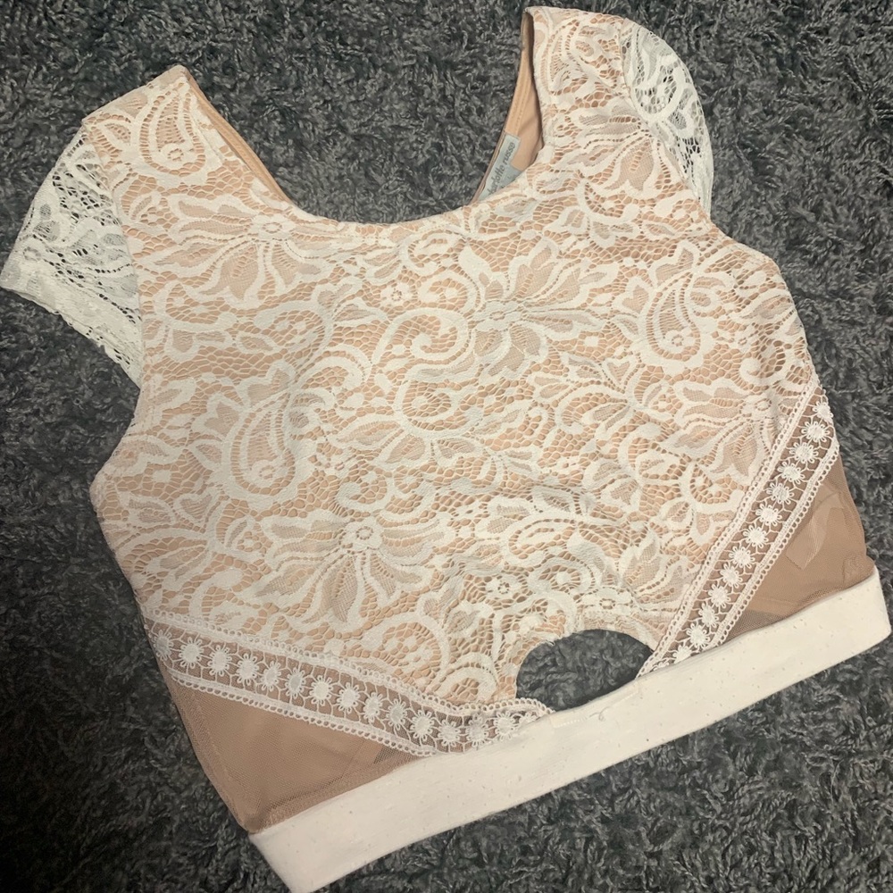 Charlotte Russe nude and white lace crop top